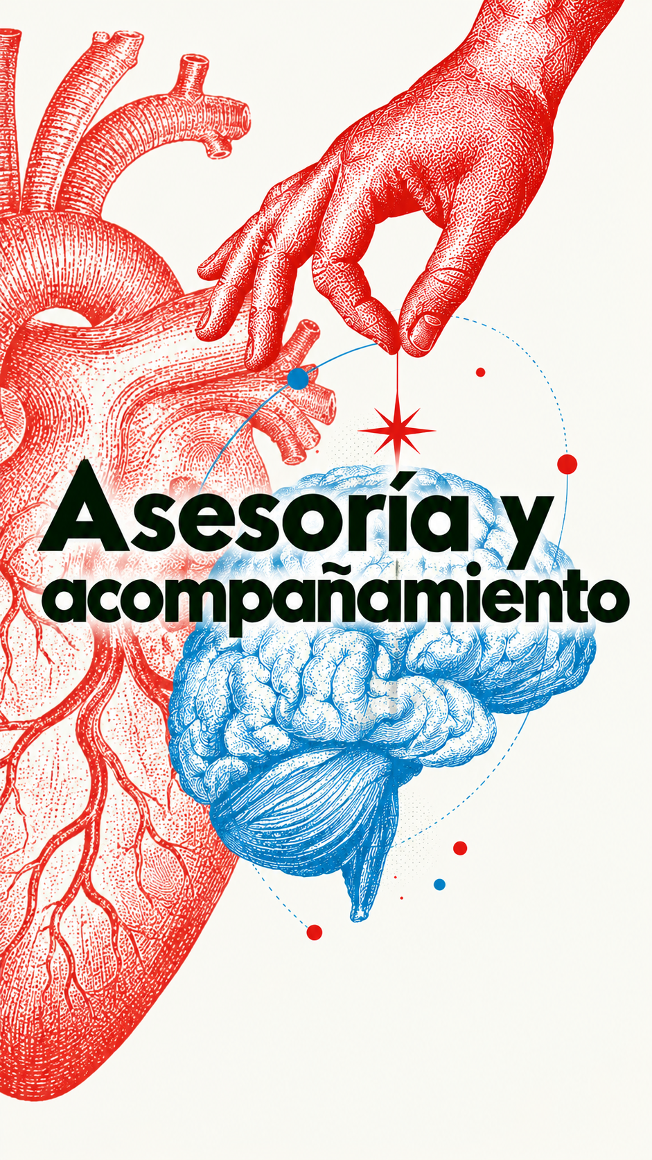 Gráfica Asesoría y acompañamiento con ilustraciones de un corazón, una mano y un cerebro